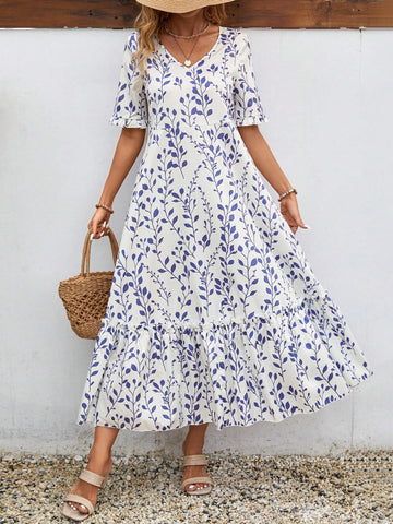 EMERY ROSE Summer Women's V-Neck Printed Dress