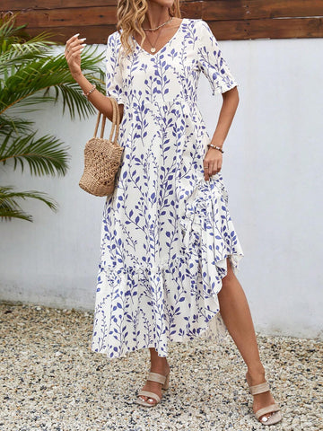 EMERY ROSE Summer Women's V-Neck Printed Dress