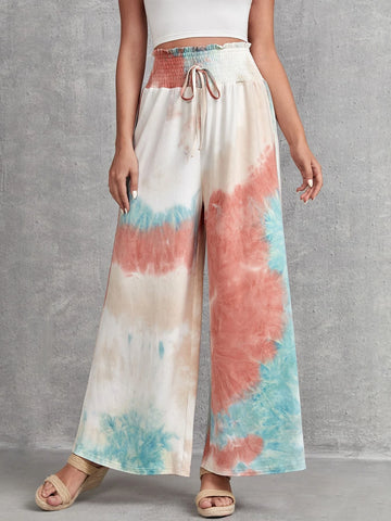 EMERY ROSE Tie Dye Shirred Waist Knot Front Wide Leg Pants