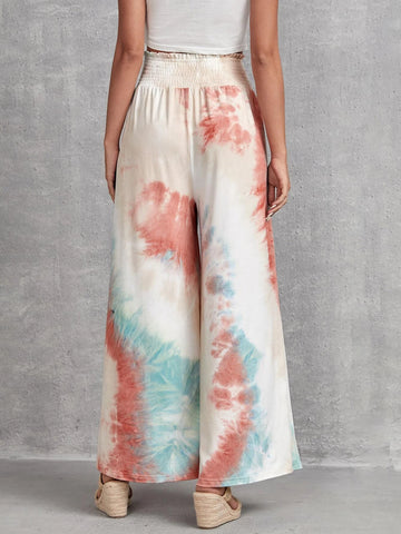 EMERY ROSE Tie Dye Shirred Waist Knot Front Wide Leg Pants