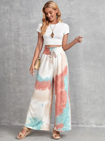EMERY ROSE Tie Dye Shirred Waist Knot Front Wide Leg Pants