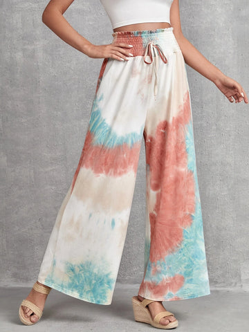 EMERY ROSE Tie Dye Shirred Waist Knot Front Wide Leg Pants