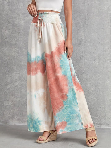 EMERY ROSE Tie Dye Shirred Waist Knot Front Wide Leg Pants