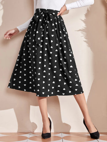 EMERY ROSE Tie Waist Heart Print Skirt