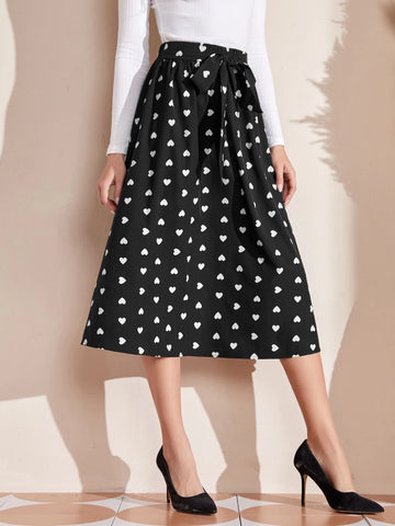 EMERY ROSE Tie Waist Heart Print Skirt