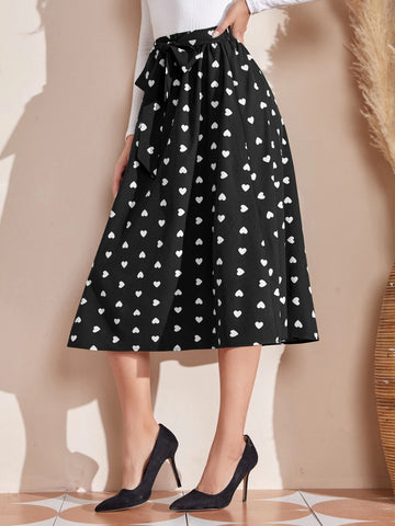 EMERY ROSE Tie Waist Heart Print Skirt