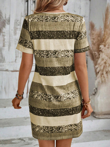 EMERY ROSE V-Neck All-Over Print Summer Casual Short Sleeve Dress