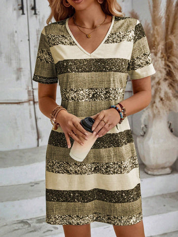 EMERY ROSE V-Neck All-Over Print Summer Casual Short Sleeve Dress
