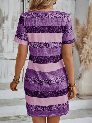 EMERY ROSE V-Neck Colorblock Striped Print Casual Versatile Short Sleeve Dress