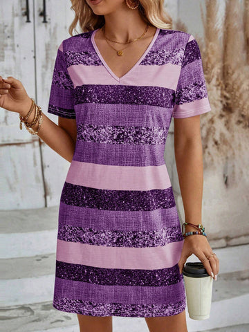 EMERY ROSE V-Neck Colorblock Striped Print Casual Versatile Short Sleeve Dress