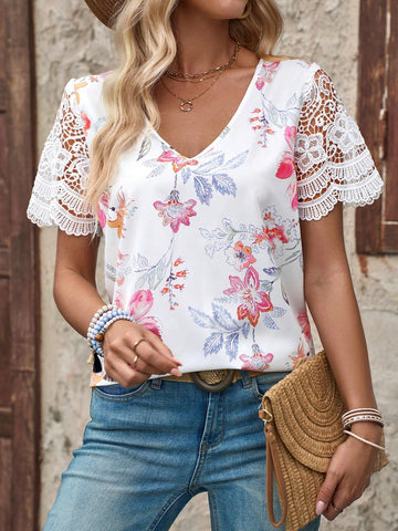 EMERY ROSE V-Neck Floral Lace Patchwork Short Sleeve Curved Hem Women's Casual Summer Top Shirt