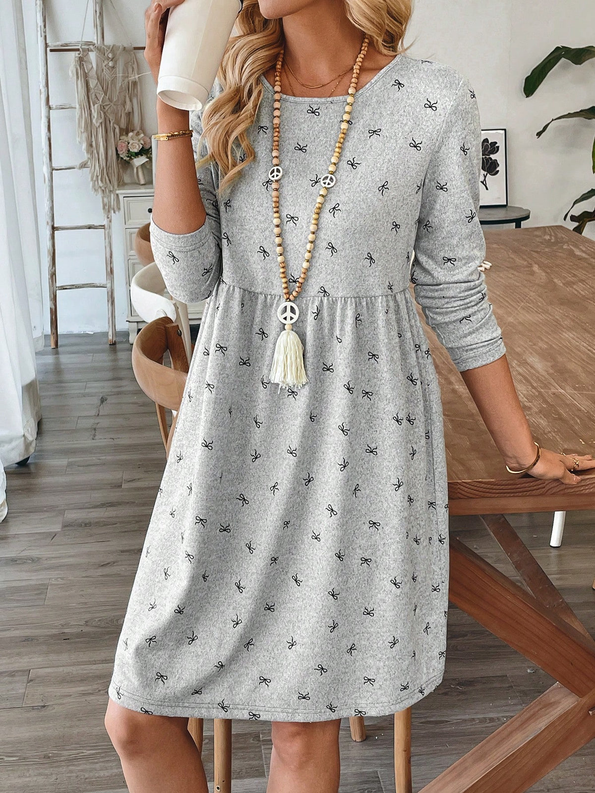 EMERY ROSE Valentine's Day Women's Holiday Casual Bow Decor Printed Short Dress