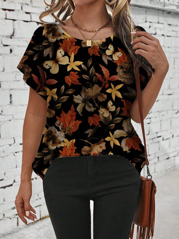 EMERY ROSE Vintage Leaf Print Casual Simple Women's Round Neck Blouse,