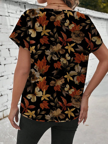EMERY ROSE Vintage Leaf Print Casual Simple Women's Round Neck Blouse,