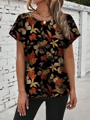 EMERY ROSE Vintage Leaf Print Casual Simple Women's Round Neck Blouse,