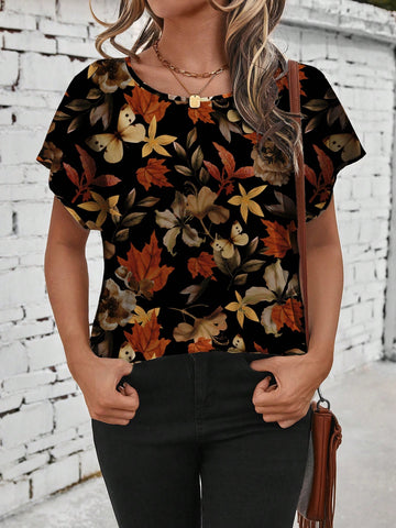 EMERY ROSE Vintage Leaf Print Casual Simple Women's Round Neck Blouse,