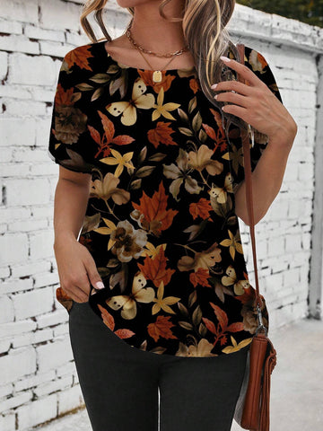 EMERY ROSE Vintage Leaf Print Casual Simple Women's Round Neck Blouse,
