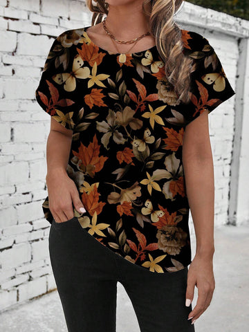 EMERY ROSE Vintage Leaf Print Casual Simple Women's Round Neck Blouse,