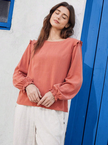 EMERY ROSE Woman's Round Neck Woven Linen Shirt With Ruffled Hem