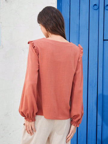 EMERY ROSE Woman's Round Neck Woven Linen Shirt With Ruffled Hem