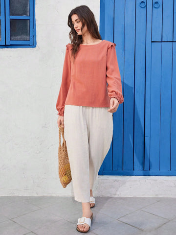 EMERY ROSE Woman's Round Neck Woven Linen Shirt With Ruffled Hem