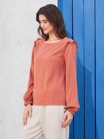 EMERY ROSE Woman's Round Neck Woven Linen Shirt With Ruffled Hem