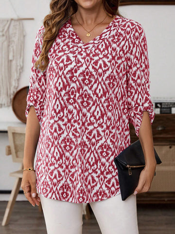 EMERY ROSE Women All-Over Print V-Neck Casual Rolled Sleeve Blouse