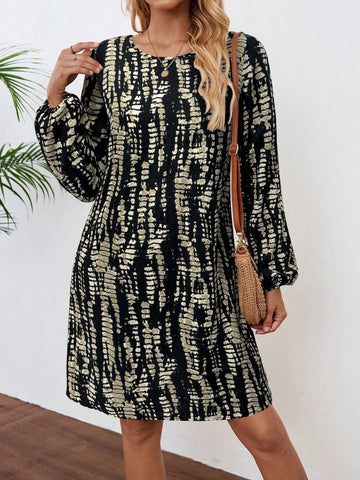 EMERY ROSE Women Allover Print Round Neck Long Sleeve Casual Short Dress