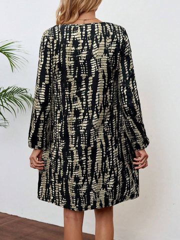 EMERY ROSE Women Allover Print Round Neck Long Sleeve Casual Short Dress