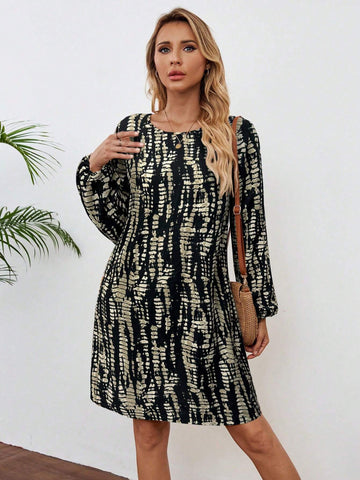 EMERY ROSE Women Allover Print Round Neck Long Sleeve Casual Short Dress