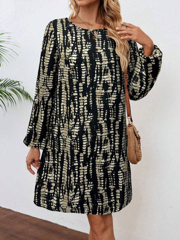 EMERY ROSE Women Allover Print Round Neck Long Sleeve Casual Short Dress