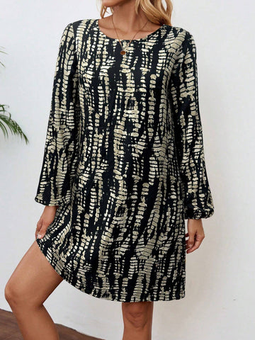 EMERY ROSE Women Allover Print Round Neck Long Sleeve Casual Short Dress
