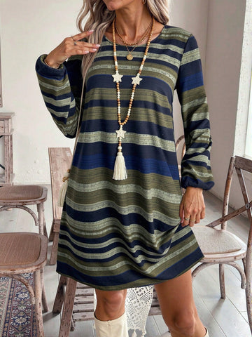 EMERY ROSE Women Autumn Stripe Round Neck Long Sleeve Casual Short Geometric Pattern Dress