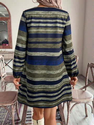 EMERY ROSE Women Autumn Stripe Round Neck Long Sleeve Casual Short Geometric Pattern Dress