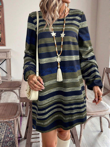 EMERY ROSE Women Autumn Stripe Round Neck Long Sleeve Casual Short Geometric Pattern Dress