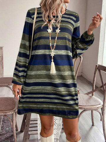 EMERY ROSE Women Autumn Stripe Round Neck Long Sleeve Casual Short Geometric Pattern Dress