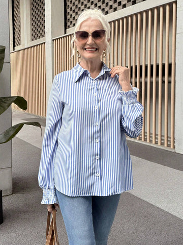 EMERY ROSE Women Autumn Striped Long Sleeve Casual Single-Breasted Cuffed Shirt
