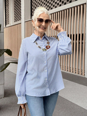 EMERY ROSE Women Autumn Striped Long Sleeve Casual Single-Breasted Cuffed Shirt
