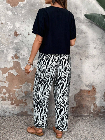 EMERY ROSE Women Black Round Neck Top And Zebra Print Pants Set With Two Feet, Summer