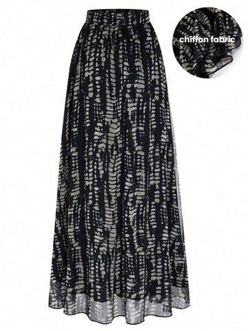 EMERY ROSE Women Casual Elastic Waist Full Allover Print A-Line Skirt, Suitable For Daily Wear And Outings, Autumn Maxi Women Outfit