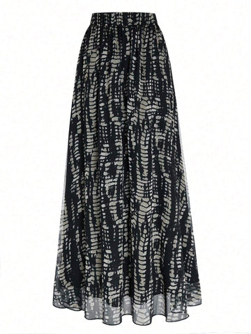 EMERY ROSE Women Casual Elastic Waist Full Allover Print A-Line Skirt, Suitable For Daily Wear And Outings, Autumn Maxi Women Outfit