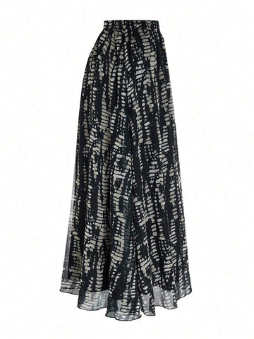 EMERY ROSE Women Casual Elastic Waist Full Allover Print A-Line Skirt, Suitable For Daily Wear And Outings, Autumn Maxi Women Outfit
