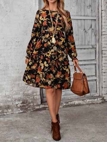 EMERY ROSE Women Casual Floral Allover Print Round Neck Long Sleeve Short Dress