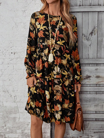 EMERY ROSE Women Casual Floral Allover Print Round Neck Long Sleeve Short Dress