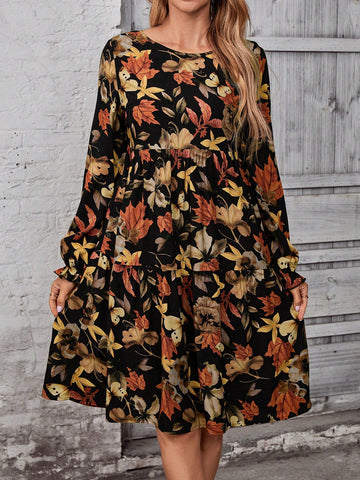 EMERY ROSE Women Casual Floral Allover Print Round Neck Long Sleeve Short Dress