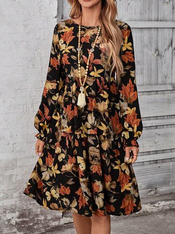 EMERY ROSE Women Casual Floral Allover Print Round Neck Long Sleeve Short Dress