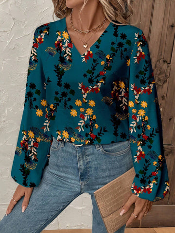 EMERY ROSE Women Casual Floral Print Lantern Sleeve Blouse, Suitable For Autumn/Winter