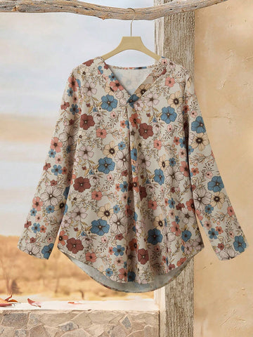 EMERY ROSE Women Casual Floral Print V-Neck Curved Hem Blouse, Autumn