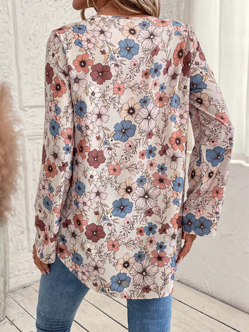 EMERY ROSE Women Casual Floral Print V-Neck Curved Hem Blouse, Autumn