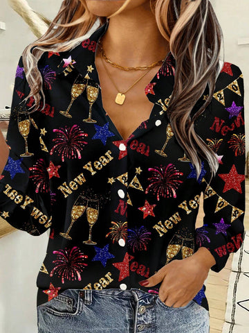 EMERY ROSE Women Casual Minimalist Happy New Year Style Open Front Long Sleeve Shirt, Suitable For Autumn/Winter